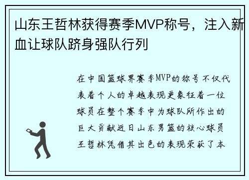 山东王哲林获得赛季MVP称号，注入新血让球队跻身强队行列